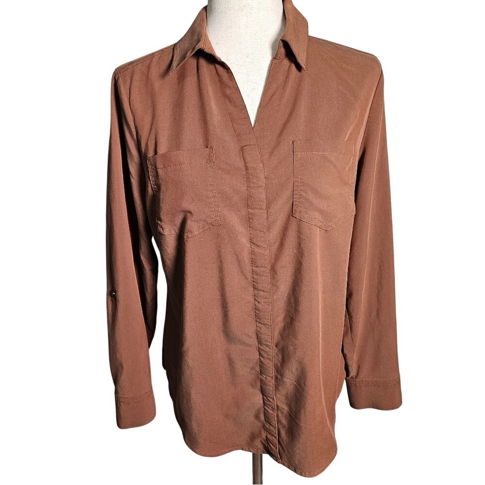 Chicos Brown Modal Button Up Blouse Top with Breast Pockets Silky Feel Size 0 M